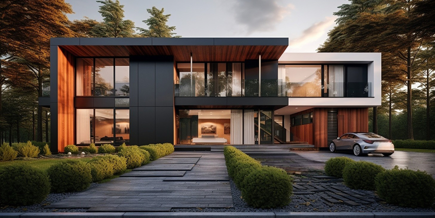 Modern luxury home with clean lines, large windows, and lush landscaping.